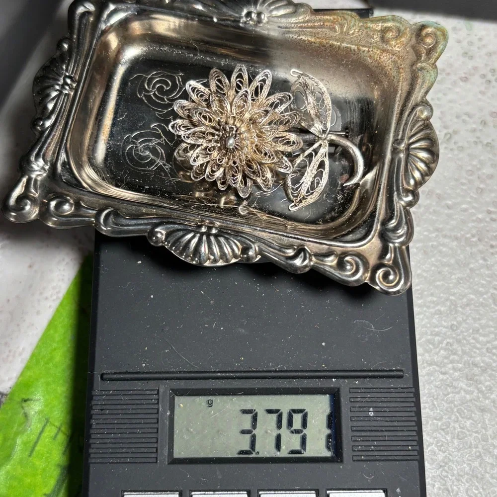 Brooch Silver Vintage Italy Filigree Flower Floral Leaf Pin 1.5 Inch